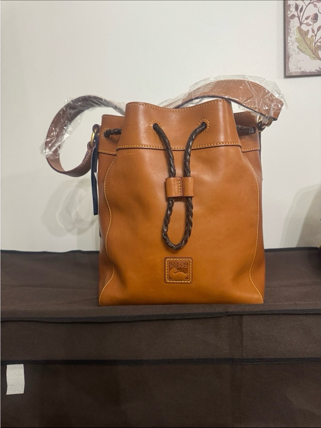 Dooney & Bourke Caramel Leather Drawstring Bucket Bag
